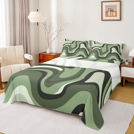 jejeloiu Modern Geometric Desgin Queen Sheet Sets,Minimalist Stripes Lines Flat Sheet,Green Black Queen Fitted Sheet For Teens,Luxury Bedroom Decor,4pcs