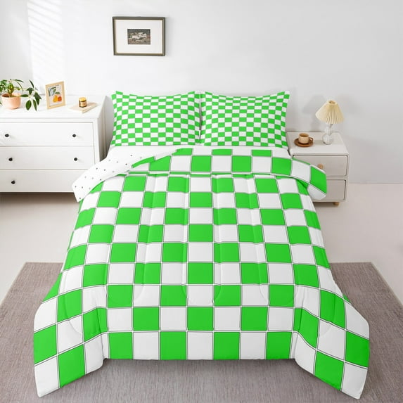 jejeloiu Modern Geometric Geometric Bedding Comforter Set,Minimalist Buffalo Checkered Twin Comforter Sets,White Green Checkered Bedding Set For Teens,Luxury Bedroom Decor Reversible,2-Piece