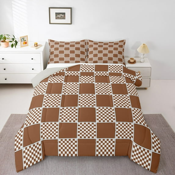 jejeloiu Modern Geometric Geometric Full Size Comforter Sets,Minimalist Buffalo Checkered Bedding Comforter Set,Brown White Buffalo Bedding Sets For Teens,Luxury Bedroom Decor Reversible,3-Piece