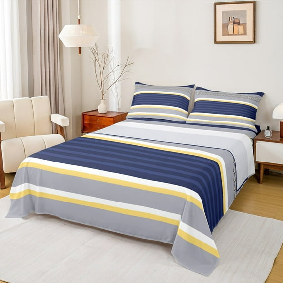jejeloiu Modern Geometric Geometric Full Size Sheets,Minimalist Stripes Lines Bed Sheets,Gray Deepblue White Sheet Sets For Teens,Luxury Bedroom Decor,4 Pieces