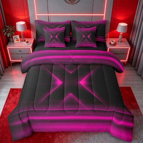 jejeloiu Modern Geometric Pattern 7-Piece Twin Bedding Sets For Kids,Pink Black Neon Print Bedding Comforter Set For Girls,Reversible