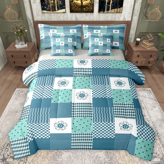 jejeloiu Modern Geometric Plaid 7-Piece Twin Bedding Sets,Retro Rhombus Abstract Bedding Comforter Set,Cyan Polka Dots Sheet Sets For Girls Boys,Super Cozy Room Decor Reversible