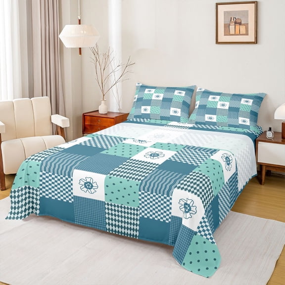 jejeloiu Modern Geometric Plaid Bed Sheets,Retro Rhombus Abstract King Sheets,Cyan Polka Dots Sheet Set For Girls Boys,Super Cozy Room Decor,4pcs