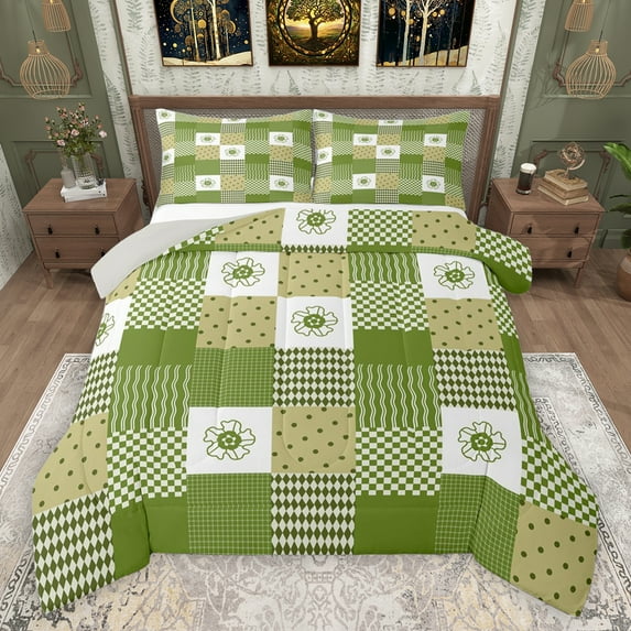 jejeloiu Modern Geometric Plaid Full Size Comforter Sets,Retro Rhombus Pattern Bedding Comforter Set,Green Polka Dots Bedding Sets For Girls Boys,Super Cozy Room Decor Reversible,3 Pieces