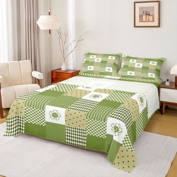 jejeloiu Modern Geometric Plaid Queen Sheet Sets,Retro Rhombus Pattern Flat Sheet,Green Polka Dots Queen Fitted Sheet For Girls Boys,Super Cozy Room Decor,4pcs