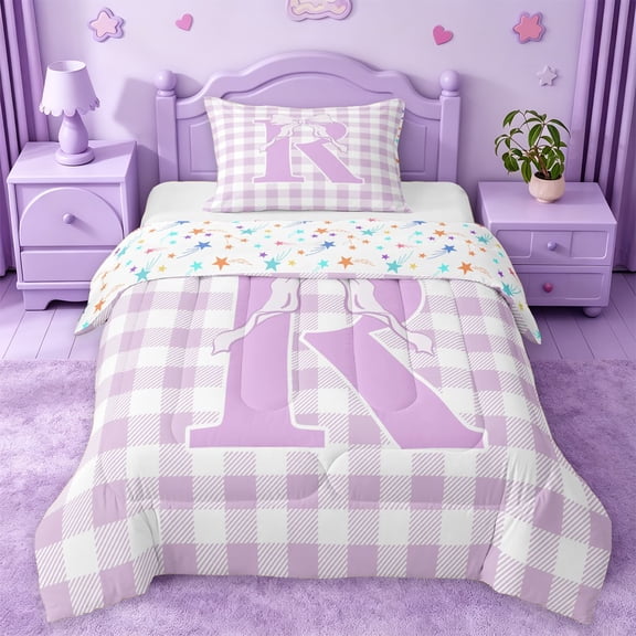 Catabedysis Modern Geometric Plaid Twin Comforter Sets For Girl,Bowknot Monogrammed R Design Bedding Set,Colorful Stars Reversible,2-Piece,1 Comforter and 1 Pillowcase
