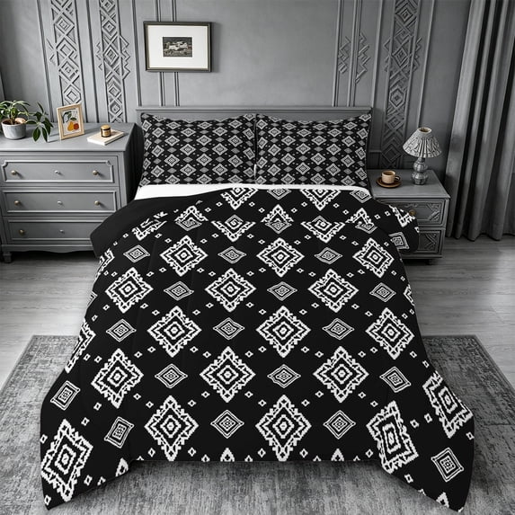 jejeloiu Modern Geometric Queen Comforter Set For Men Women,Tribal Diamond Comforter Sets Queen,Black White,Black Reversible,3 Pieces,1 Comforter and 2 Pillowcases