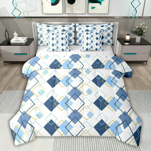 jejeloiu Modern Geometric Rhombus 7-Piece Twin Bedding Sets,White Blue Bedding Comforter Set For Girls Boys Reversible