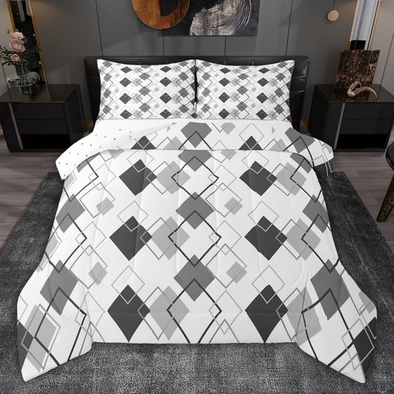 jejeloiu Modern Geometric Rhombus Queen Comforter Set,White Gray Bedding Comforter Set For Girls Boys Reversible 3pcs
