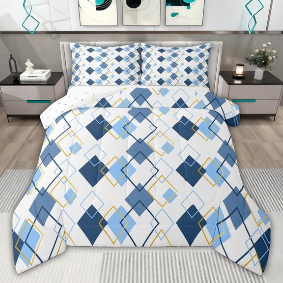 jejeloiu Modern Geometric Rhombus Twin Comforter Sets,White Blue Bedding Set For Girls Boys Reversible 2 Pieces