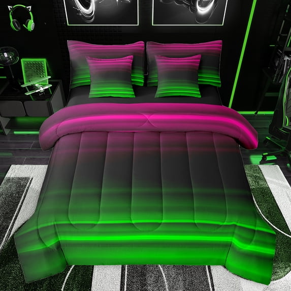 jejeloiu Modern Geometric Stripe 7 Pieces Bedding Comforter Set,Abstract Art Full Bedding Set,Pink Black Green Fitted Sheet Flat Sheet For Girls Boys,Super Cozy Room Decor Reversible