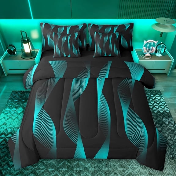 jejeloiu Modern Geometric Striped 7-Piece Twin Bedding Sets,Black Cyan Bedding Comforter Set For Girls Kids Reversible