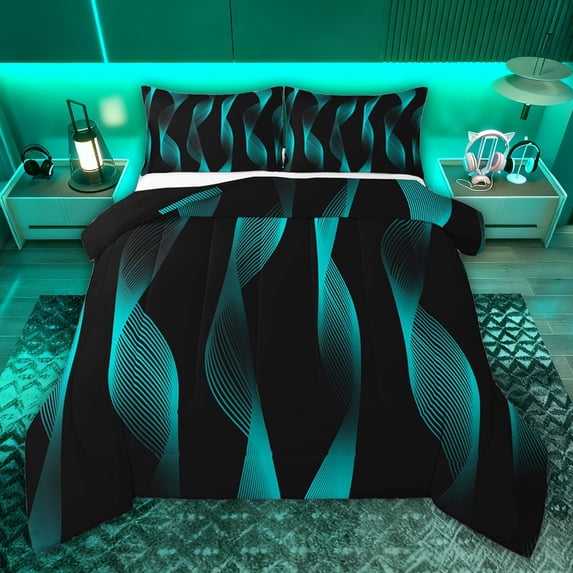 jejeloiu Modern Geometric Striped Queen Comforter Set,Black Cyan Bedding Comforter Set For Girls Kids Reversible 3-Piece
