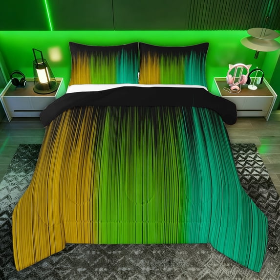 jejeloiu Modern Geometric Striped Queen Comforter Set,Orange Green Cyan Bedding Comforter Set For Girls Kids Reversible 3pcs