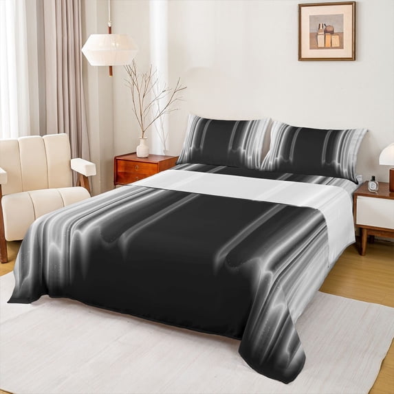 jejeloiu Modern Geometric Striped Queen Sheet Sets,Gray Black Bed Set For Girls Kids 4-Piece