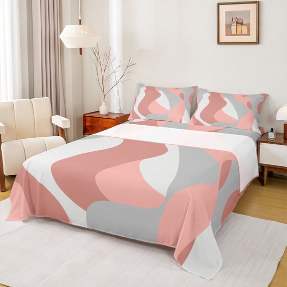 jejeloiu Modern Geometric Striped Queen Sheet Sets,Pink White Gray Bed Set For Girls Kids 4pcs