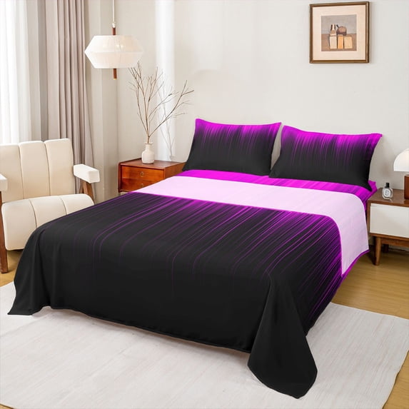 jejeloiu Modern Gradient Geometric Pattern Full Size Sheets For Girls,Neon Pink Black Stripe Bed Sheets For Kids,4pcs