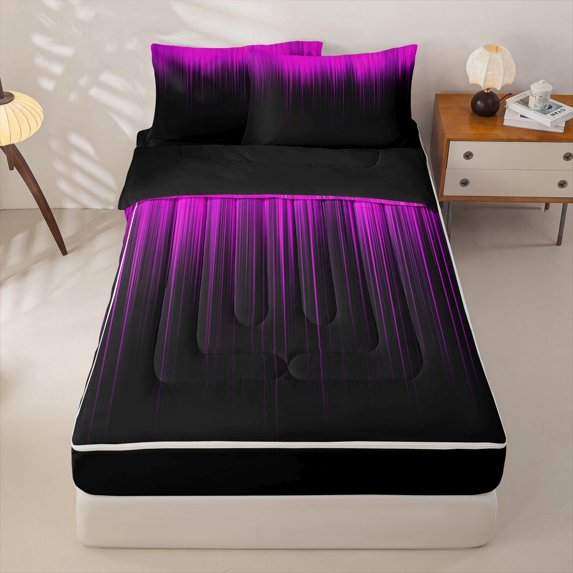 jejeloiu Modern Gradient Geometric Pattern Zipper Full Size Comforter Sets with Fitted Sheet and 2 Pillowcases For Girls,Neon Pink Black Stripe Zipper Bedding Set For Kids,Reversible,4-Piece