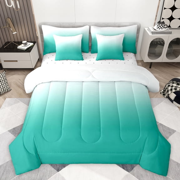 jejeloiu Modern Gradient Ink 7-Piece Bedding Comforter Set,Ombre Effect King Bedding Sets,White Cyan Bed Sheets For Teens,Luxury Bedroom Decor Reversible