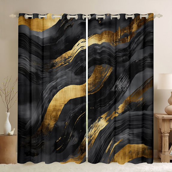 jejeloiu Modern Graffiti Geometric Curtains Pack of 2 (42x84 Each),Gold Black Curtains Blackout For Adults
