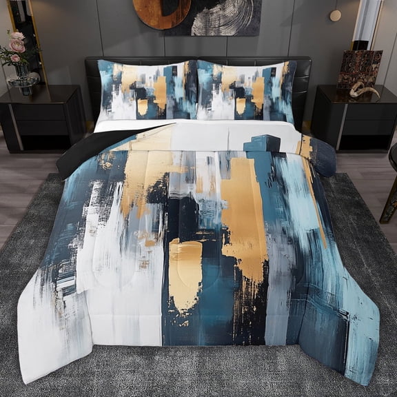 jejeloiu Modern Graffiti Geometric Queen Comforter Set,Blue Gold Stripes Bedding Comforter Set For Adults Reversible 3-Piece