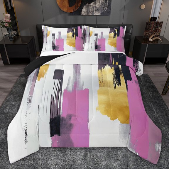 jejeloiu Modern Graffiti Geometric Queen Comforter Set,White Pink Gold Bedding Comforter Set For Adults Reversible 3-Piece