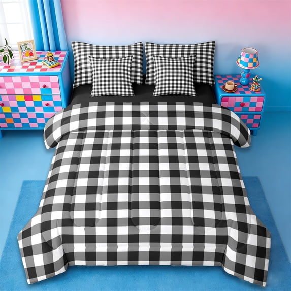 jejeloiu Modern Grid Bedding Comforter Set 7 Pieces,Abstract Geometric Geometric Full Bedding Set,Black White Fitted Sheet Flat Sheet,Breathable Bedroom Decor Reversible