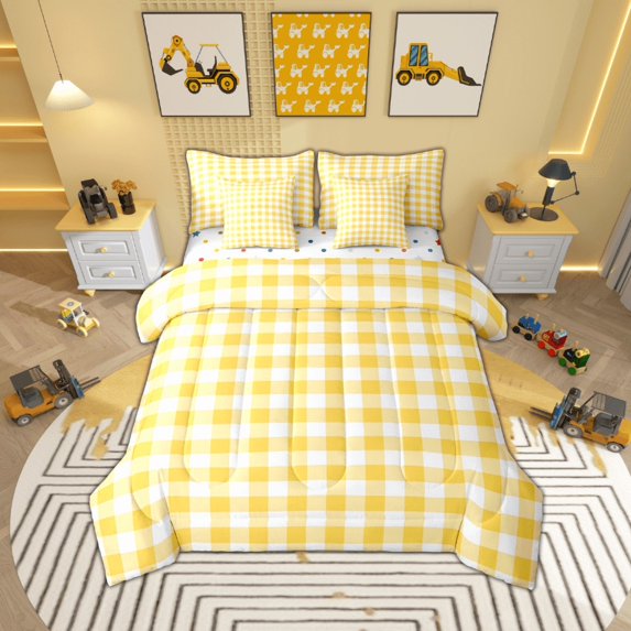 jejeloiu Modern Grid Bedding Comforter Set 7 Pieces,Abstract Geometric Geometric Full Bedding Set,Lightyellow White Fitted Sheet Flat Sheet,Breathable Bedroom Decor Reversible
