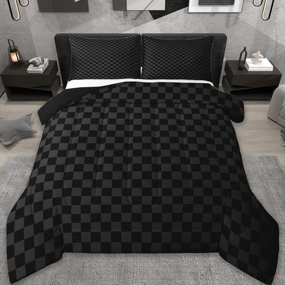 jejeloiu Modern Grid Full Size Comforter Sets,Abstract Geometric Geometric Bedding Comforter Set,Black Gray Bedding Sets,Breathable Bedroom Decor Reversible,3pcs
