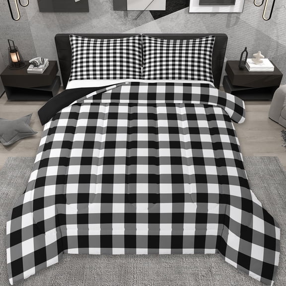 jejeloiu Modern Grid Queen Comforter Set,Abstract Geometric Geometric Bedding Sets,Black White Bedding Comforter Set,Breathable Bedroom Decor Reversible,3 Pieces