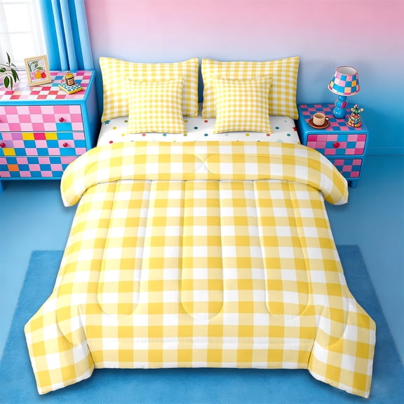 jejeloiu Modern Grid Twin Bedding Sets 7-Piece,Abstract Geometric Geometric Bedding Comforter Set,Lightyellow White Sheet Sets,Breathable Bedroom Decor Reversible