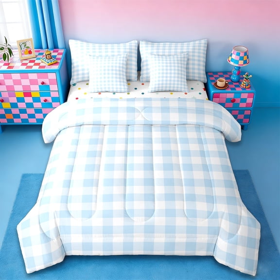 jejeloiu Modern Grid Twin Bedding Sets 7-Piece,Abstract Geometric Geometric Bedding Comforter Set,Sky Blue White Sheet Sets,Breathable Bedroom Decor Reversible