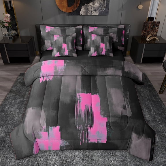 jejeloiu Modern Grunge Pastel 7pcs Bedding Comforter Set,Pink Black Geometric Queen Bedding Sets For Men Women Reversible