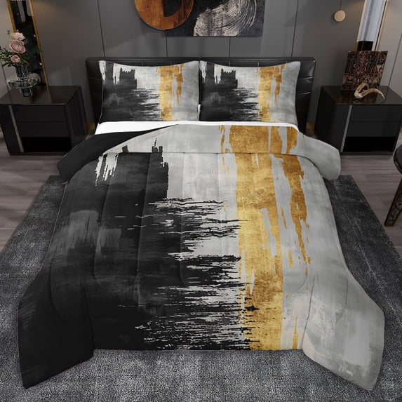 jejeloiu Modern Ink Geometric Full Size Comforter Sets,Black Gold Gray Bedding Sets For Adults Reversible 3pcs
