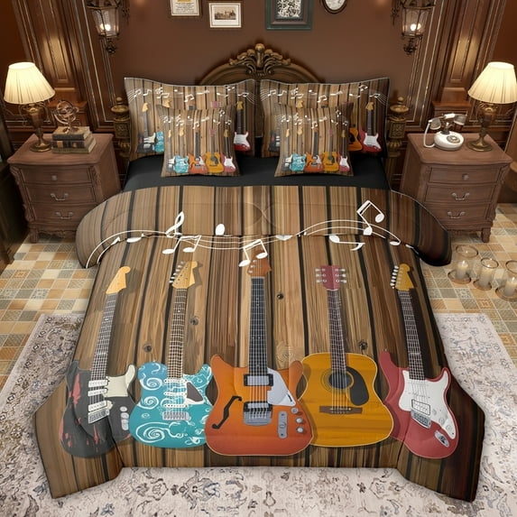 jejeloiu Modern Music Guitar 7-Piece Twin Bedding Sets,Old Wooden Plank Bedding Comforter Set For Adults Reversible