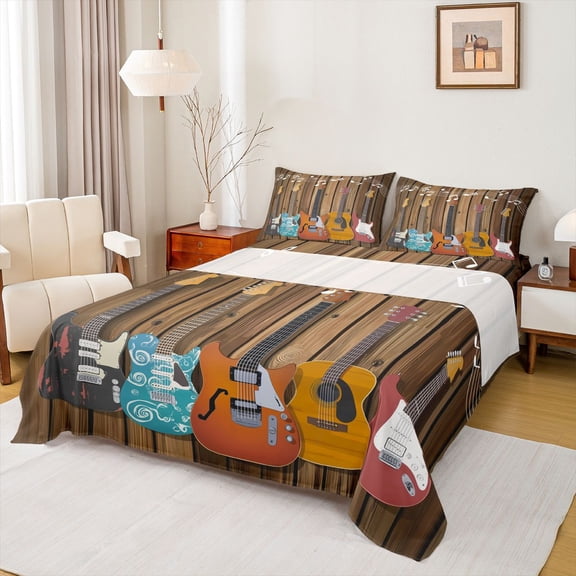 jejeloiu Modern Music Guitar Twin Sheet Sets,Old Wooden Plank Bedding For Adults 3 Pieces