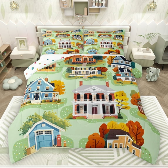 jejeloiu Modern Western City Bedding Comforter Set,Rustic Farmhouse Cabin Twin Comforter Sets,Green Blue Bedding Set For Men Women,Breathable Home Decor Reversible,2-Piece