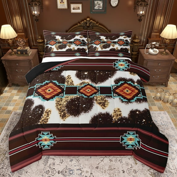 jejeloiu Mondern Aztec Geometric Full Size Comforter Sets,Rustic Farmhouse Cowhide Bedding Comforter Set,Red Abstract Stripes Bedding Sets For Men Women,Breathable Home Decor Reversible,3-Piece