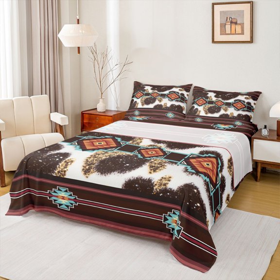 jejeloiu Modern Aztec Queen 4-Piece Breathable Red Abstract Stripe Cowhide Sheet Set