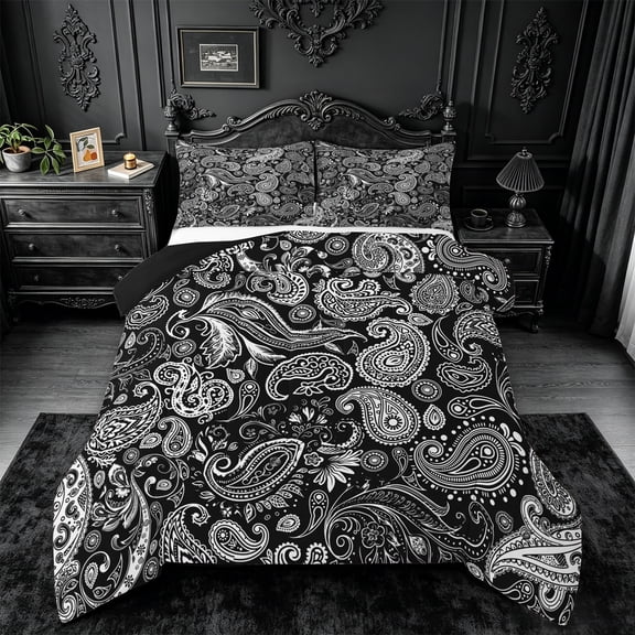jejeloiu Monochrome Paisley Queen Comforter Set,Bold Pattern Comforter Sets Queen For Adults,Black White,Black Reversible,3 Pieces,1 Comforter and 2 Pillowcases