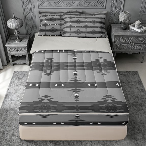 jejeloiu Monochrome Tribal Zipper Twin Comforter Sets with Fitted Sheet and 2 Pillowcases,Modern Print Zipper Bedding Set For Boys,Gray Black,Light Gray Reversible,4 Pieces