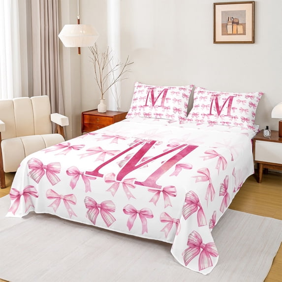 jejeloiu Monogram M Twin 3-Piece Microfiber Pink White Ribbon Bow Sheet Set