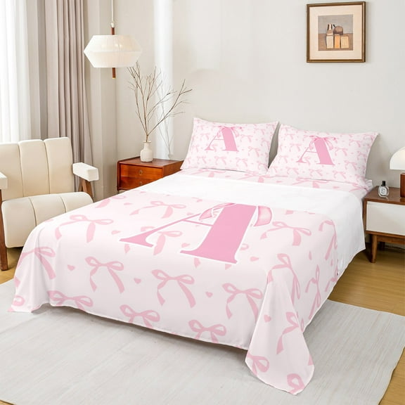 jejeloiu Monogrammed A 4-Piece Full Sheet Set Bowtie Dinosaur Pink White Microfiber Decor