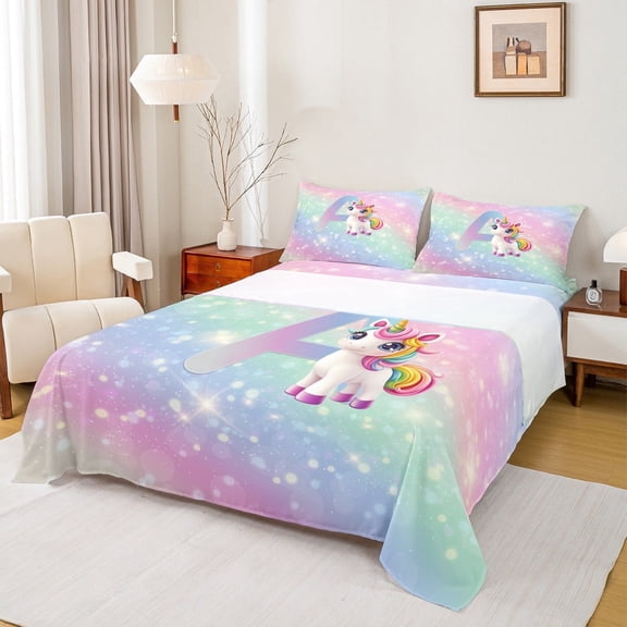 jejeloiu Monogrammed A Twin Sheet Sets,Cartoon Animal Unicorn Twin Fitted Sheet,Colorful Glitter Print Flat Sheet,Microfiber Room Decorative,3-Piece