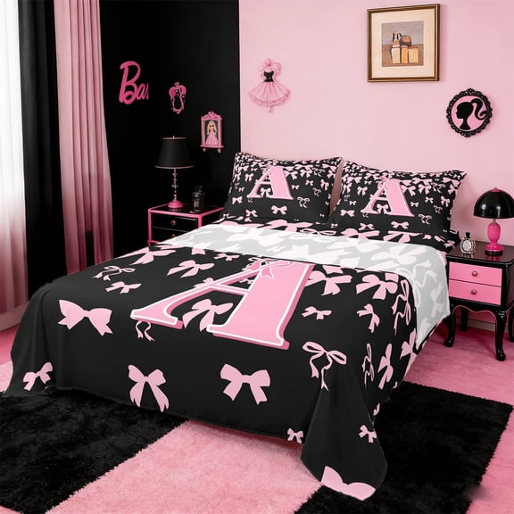 jejeloiu Monogrammed A Twin Sheet Sets,Cute Bowknot Bowtie Twin Fitted Sheet,Light Pink Black Flat Sheet,Microfiber Room Decorative,3 Pieces