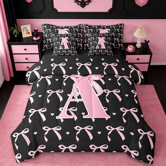 jejeloiu Monogrammed A Bedding Comforter Set,7 Pieces,Cute Bow Bowtie Full Bedding Set,Pink Black Fitted Sheet Flat Sheet,Microfiber Room Decorative Reversible