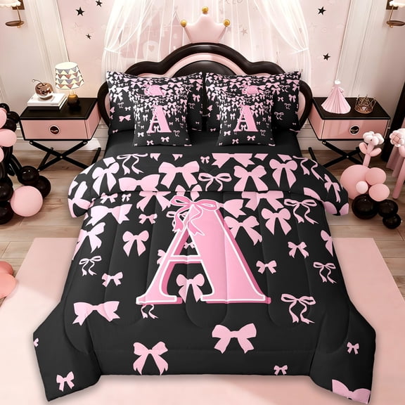 jejeloiu Monogrammed A Bedding Comforter Set 7pcs,Cute Bowknot Bowtie Queen Bedding Sets,Light Pink Black Queen Sets,Microfiber Room Decorative Reversible