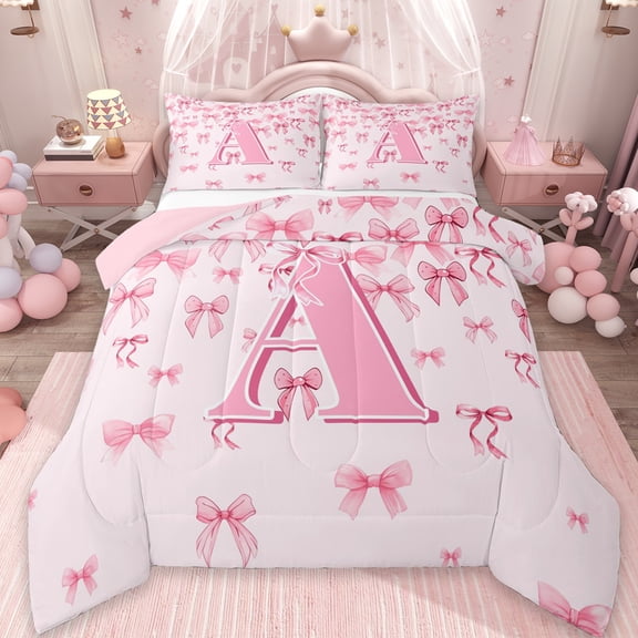 jejeloiu Monogrammed A Bedding Comforter Set,Cute Bowknot Bowtie Twin Comforter Sets,Light Pink Bedding Set,Microfiber Room Decorative Reversible,2pcs