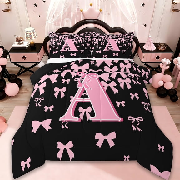 jejeloiu Monogrammed A Bedding Comforter Set,Cute Bowknot Bowtie Twin Comforter Sets,Light Pink Black Bedding Set,Microfiber Room Decorative Reversible,2 Pieces