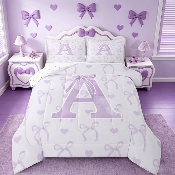 jejeloiu Monogrammed A Bedding Comforter Set,Cute Bowknot Bowtie Twin Comforter Sets,Light Purple White Bedding Set,Microfiber Room Decorative Reversible,2-Piece